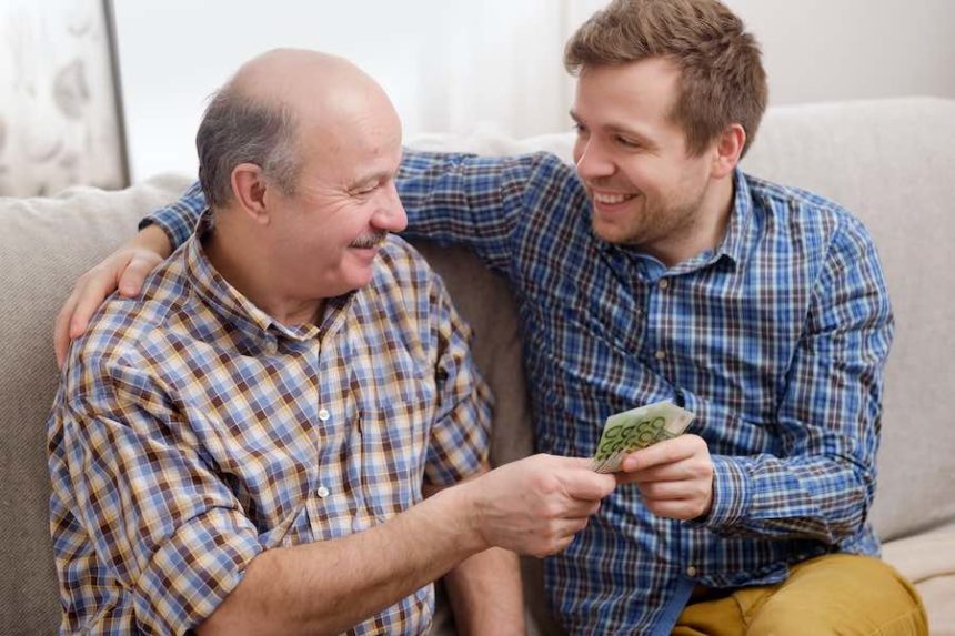 Elderly father lends money to his adult son.